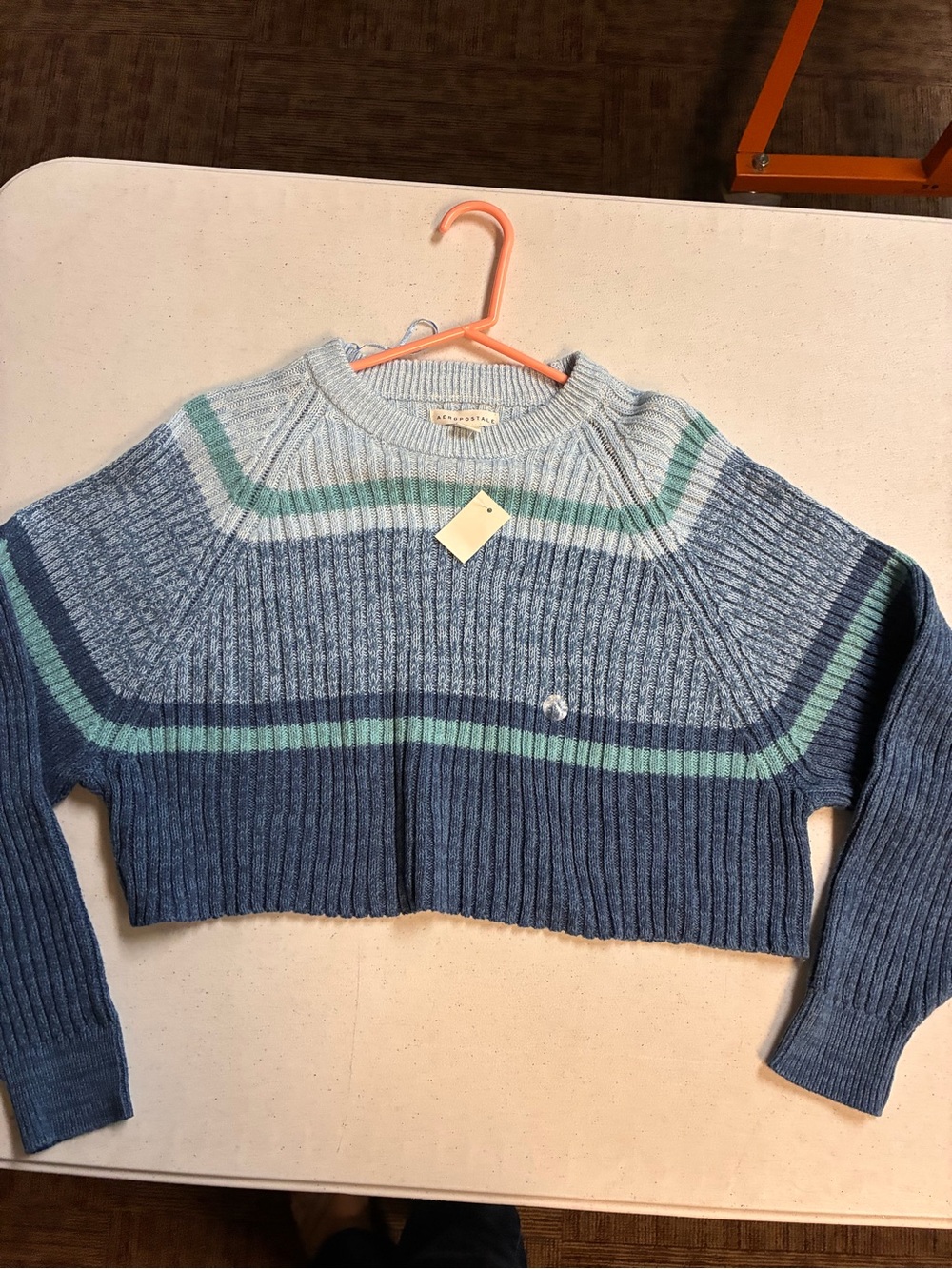 Aeropostale Cropped Ribbed Stripe Sweater in Blue and Mint